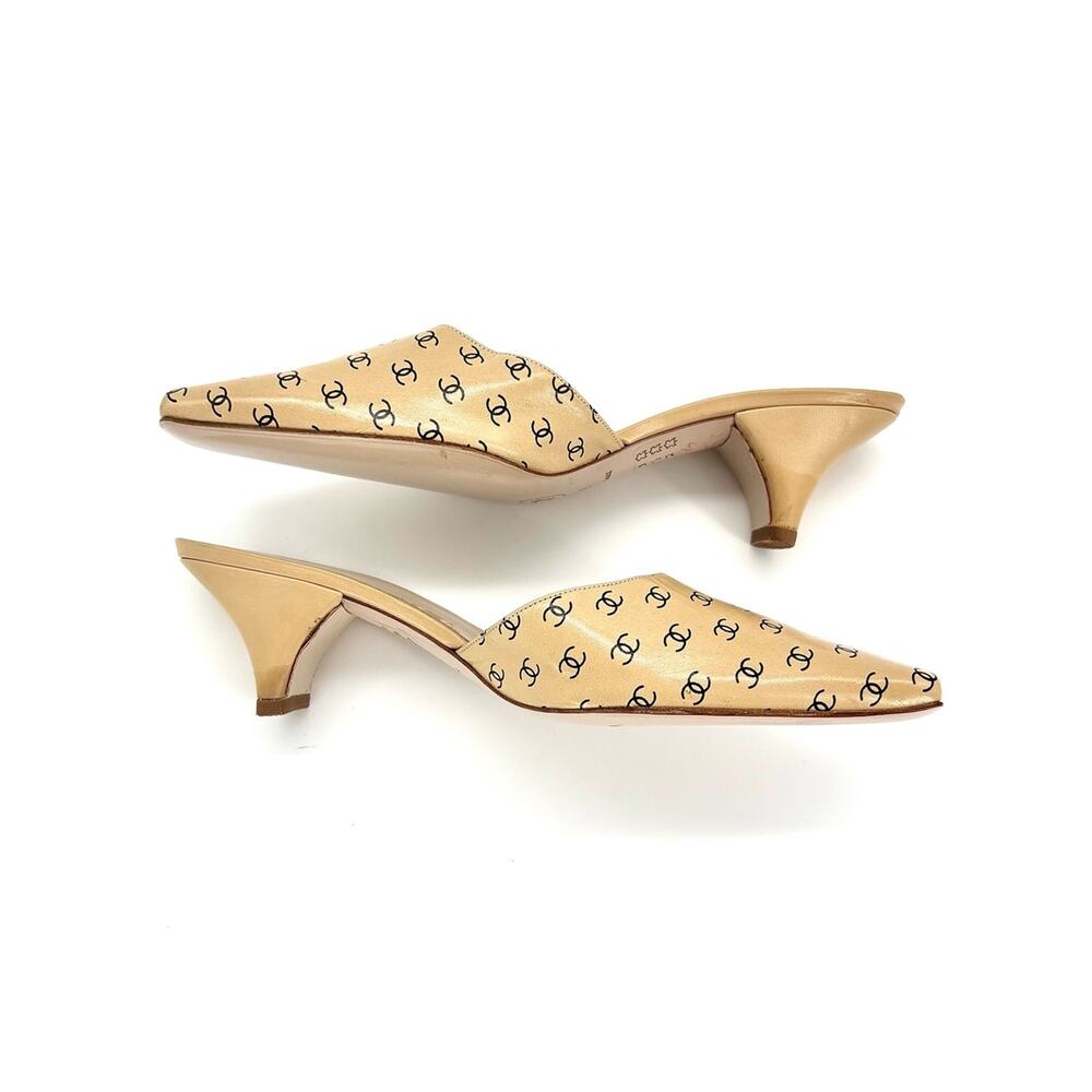 Chanel Vintage Lagerfeld CC Print Pointed Toe Kitten Heel Mules Slip On Pumps 36 - Picture 6 of 12